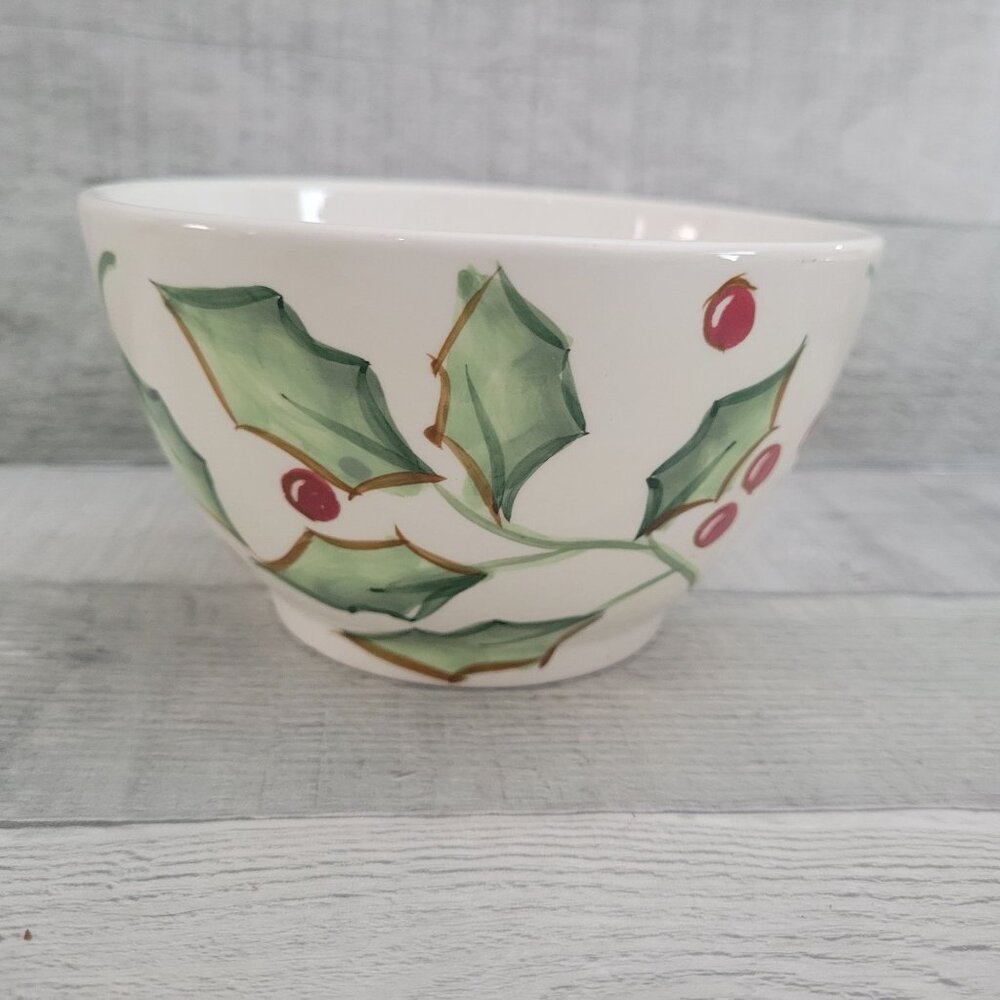Handcrafted Kic Brushstrokes Holly Berry Ceramic Bowl 6" Diameter